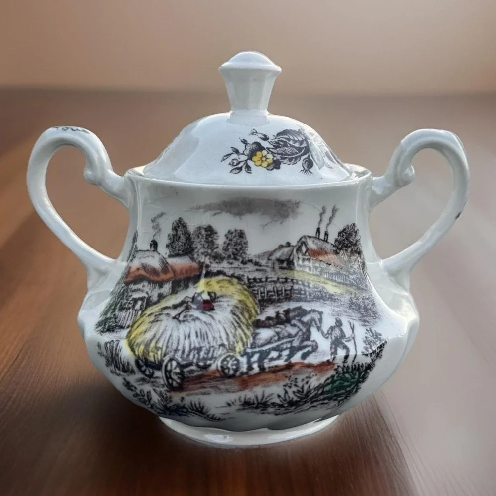 Yorkshire Hand Engraved Ironstone Sugar Bowl / Creamer Staffordshire England VTG